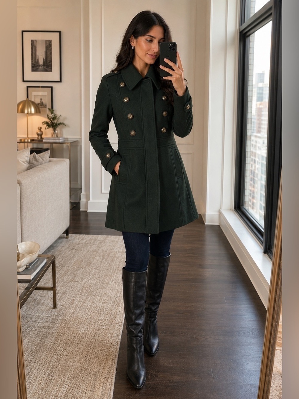 NWT Esprit Hunter Green Wool Blend Pea Coat Brass Buttons Military Jacket Small